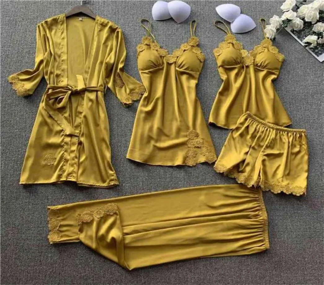 JULY039S SONG 5 PIESS Women Pyjamas Set Elegant Sexy Lace Faux Silk Sleepwear Woman SPÅR SURE SOMMER Autumn Robe Homewear 9329793