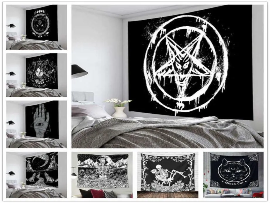 Pentagram Vlag van Satan Tarot Black Cat Tapestry Hangende hand Hippie Moon Wolf Witchcraft Decor Tapestries Wall Deken9255109