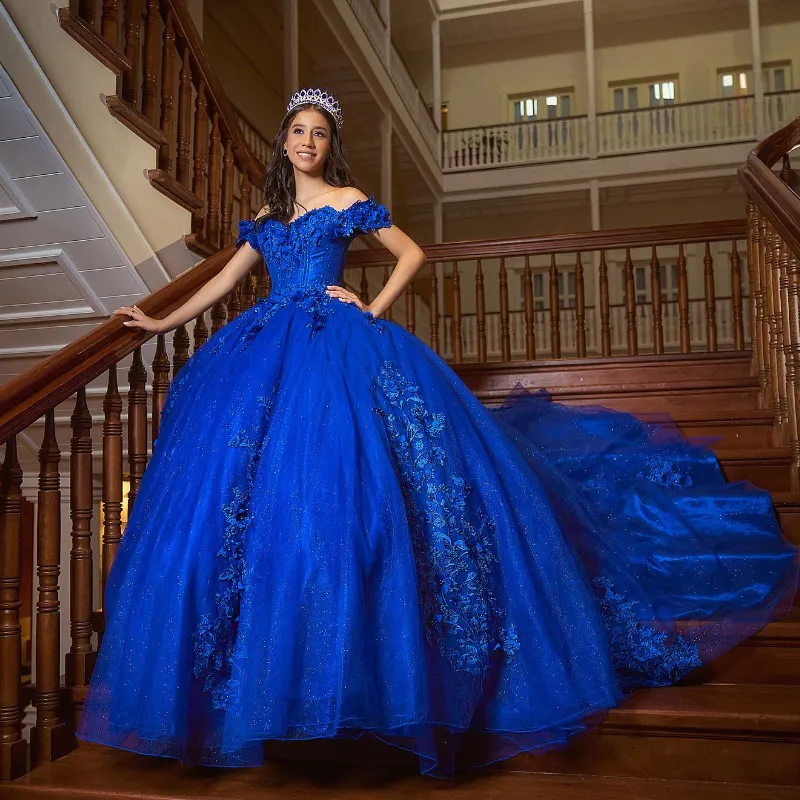 Blue Shiny Princess Quinceanera klänningar Bollklänning från axeln 3d blommor spetspärlor korsett söta 16 vestidos 15 de xv anos