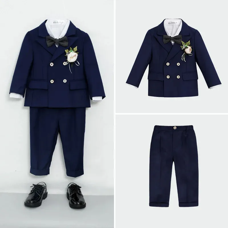 Autunno dei bambini Formale Insieme del Vestito di Colore Solido Ragazzi Festa di Nozze Host Pografia Costume Bambini Giacca Sportiva Della Maglia Pantaloni Bowtie Vestiti 231220