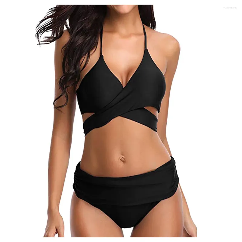 Women's Swimwear Women Sexy Swimsuit Two Piece Retro Ruched High Waist Solid Bikini Set