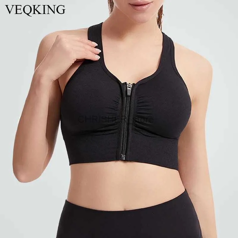 ヨガの衣装Veqking Front Zipper Women Sports Bra Plus Size Push Up Sports Bra Shockproof Running Yoga Bra BrasableフィットネストレーニングTopl231221