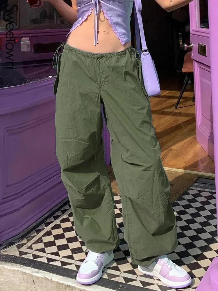 Women Baggy Cargo Pants Drawstring Low Waisted Casual Loose Pants Trousers  with Pocket Streetwear