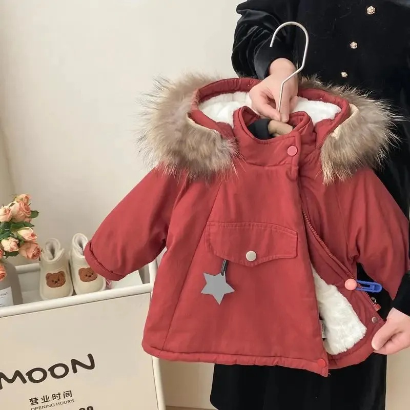 Winter Kids Red Star Parka Jacket Children Clothing Girls Jacket Korean Baby Clothes Faux Fur Coat Snowsuit Outerwear Overcoat 231221