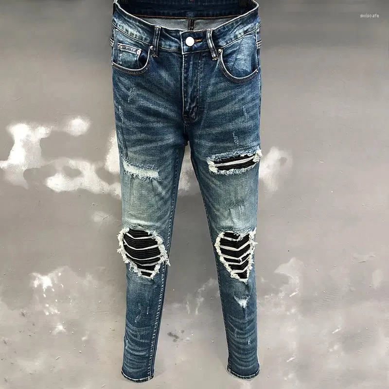 Jeans pour hommes Zipper pour hommes Pantalons de moto Hip Hop Jean Patchwork Stacked Streetwear Mens Skinny Blue Vaqueros Hombre