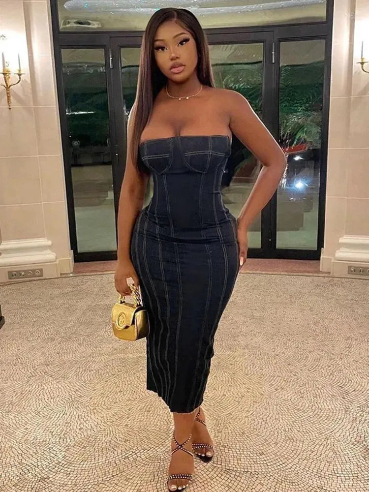 Casual Dresses Mozision Elegant Adrapless Denim Midi Dress for Women Fashion Off-Shoulder ärmlös Backless Bodycon Club Party Sexig