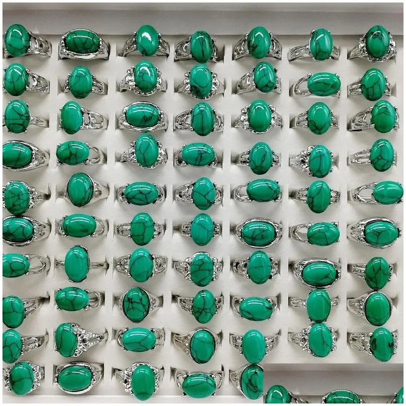 Band Rings Fashion Charm 20 Pieces/Lot Turquoise Band Rings Green Natural Stone Ring Fit Womens Men Malachite Jewelry Gift Drop Delive Dhp74