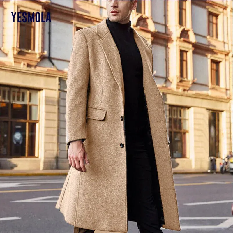 Yesmola Autumn Winter Mens Coat Solid Long Sleeve Woolen Jackets Fleece Men Overcoat Streetwear Fashion Long Trench Ytterkläder 231220