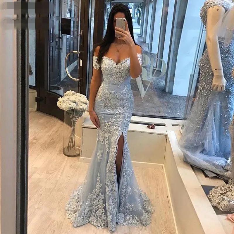 Off Shoulder Light Sky Blue prom dresses sweetheart Sexy Custom Evening Dress Event Mermaid Style Appliques side Split New Special Occasion Party