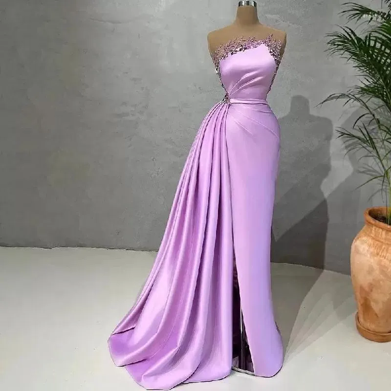 Vestidos de festa roxo clássico vestido de noite sem mangas bateau cetim apliques lantejoulas frisado lateral fenda vestidos de baile plus size sob medida