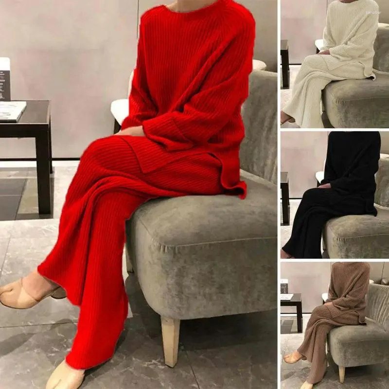 Женские брюки из двух предметов, женский свитер, комплект, уютная вязаная теплая домашняя одежда, пижамы со свободными широкими штанинами, эластичная талия, мягкая