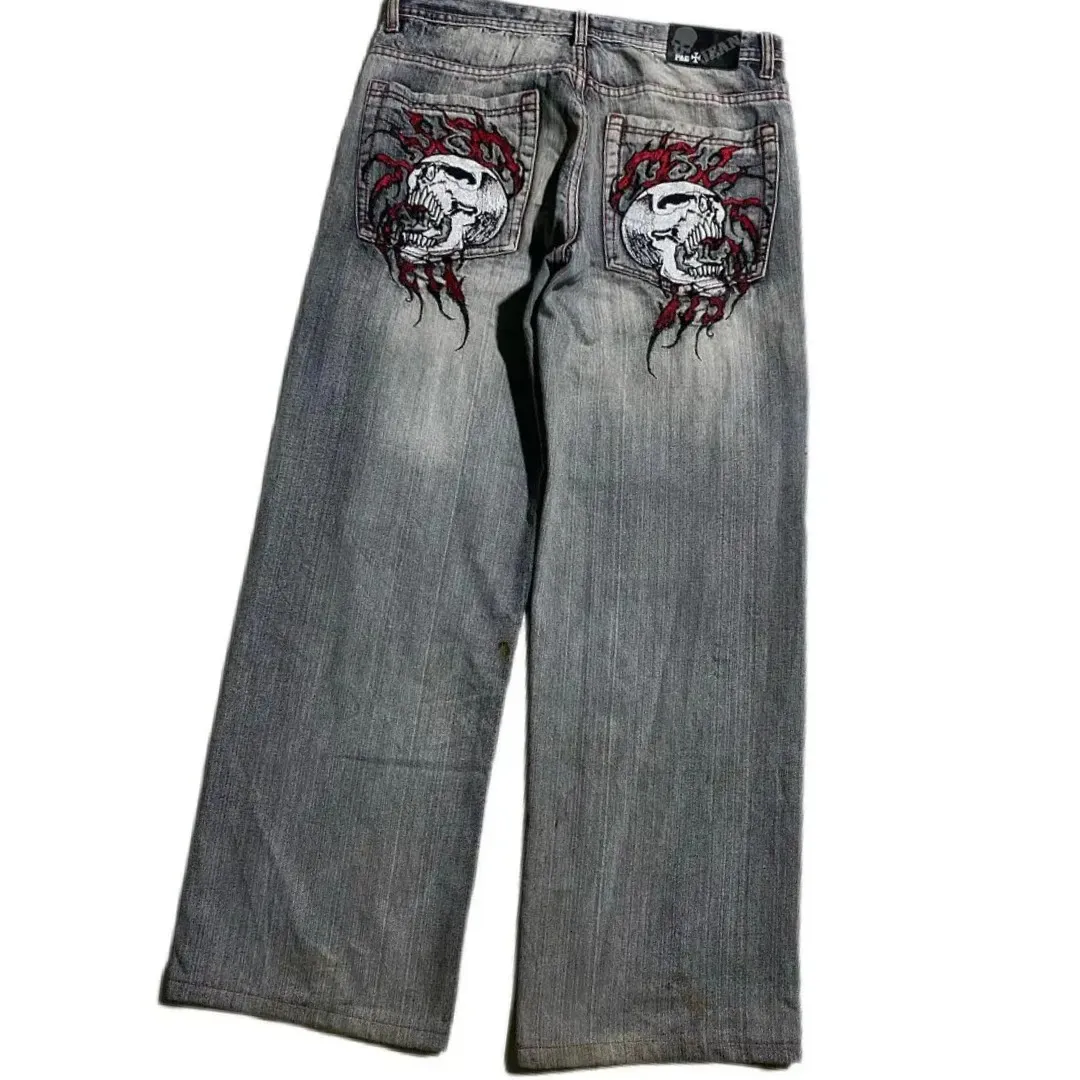 Jeans bordados góticos europeus e americanos homens y2k rua hip hop punk cintura alta reta perna larga calças unissex 231220