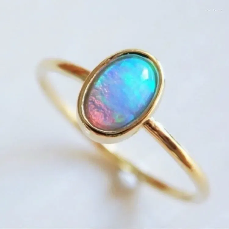 Cluster Rings Fashion Simple Gold Plated Inlay Blue Opal Ring For Women Cocktail Party Dainty Wedding Band Fine Jewelry Xmas Gifts