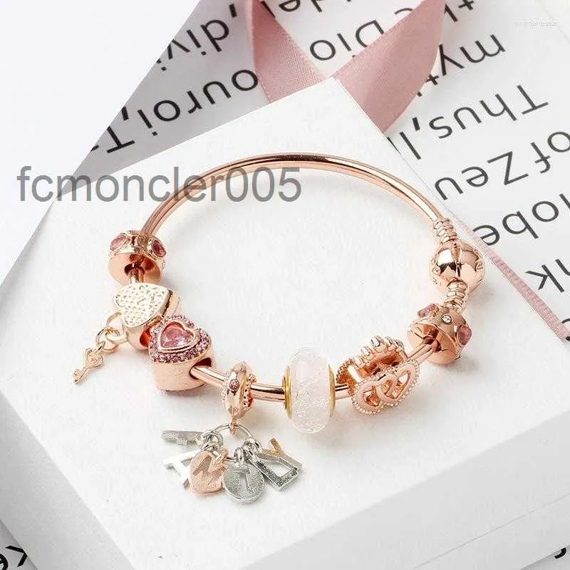 Bangle Original Pandoras Fashion S925 Silver Rose Gold Beads Heart Lock Bangles Cadena Carta de las pulseras Joyas de joyería Regalo Raym FPXF