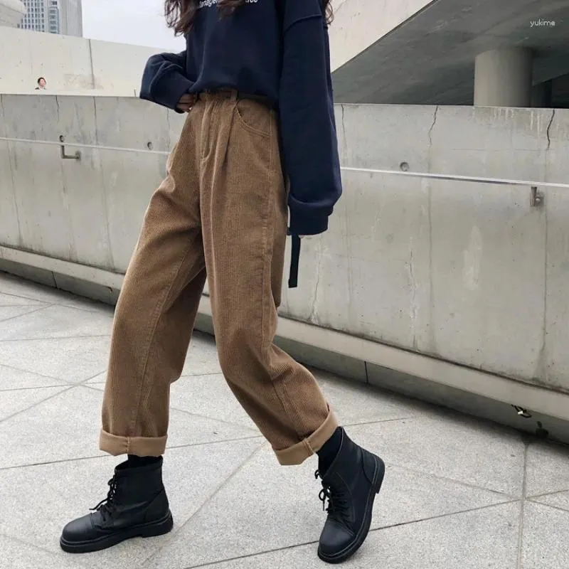 Pantaloni da donna Deeptown Vintage Marrone Velluto a coste Donna Inverno Harajuku Baggy Coreano Moda in pile Pantaloni dritti Estetici anni '90 larghi