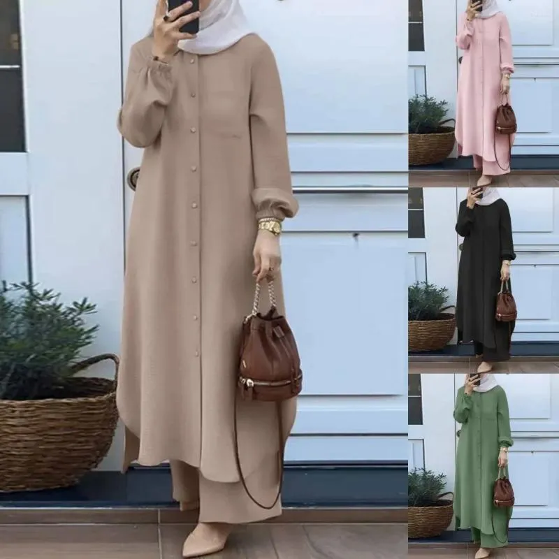 Abbigliamento etnico Ramadan Eid Abito musulmano islamico da donna Camicia a 2 pezzi Pantaloni a gamba larga Dubai Abaya Turchia Caftano stampato floreale vintage