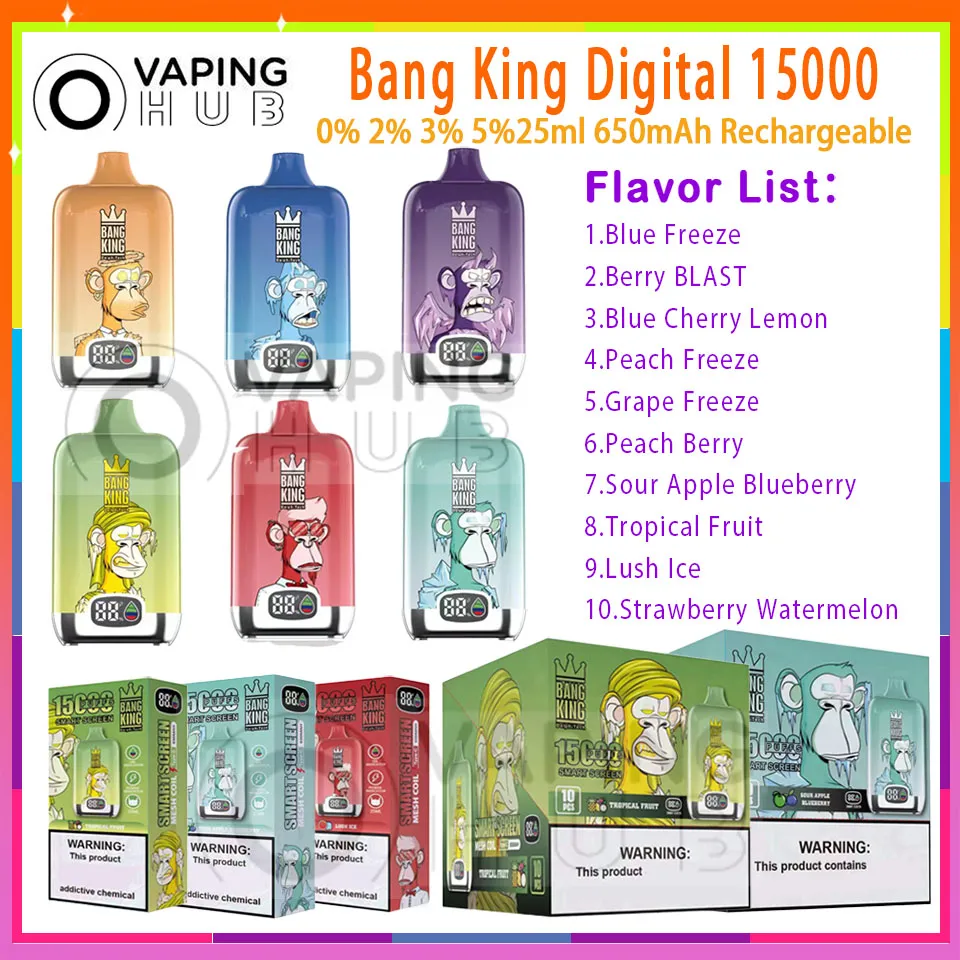 Original Bang King 15000 Smart Screen Disponable Vape Pen Mesh Coil 25 ml Förfylld POD 650mAh Uppladdningsbar batteri Elektroniska cigs Puff 15K 0% 2% 3% 5% E Cigaretter