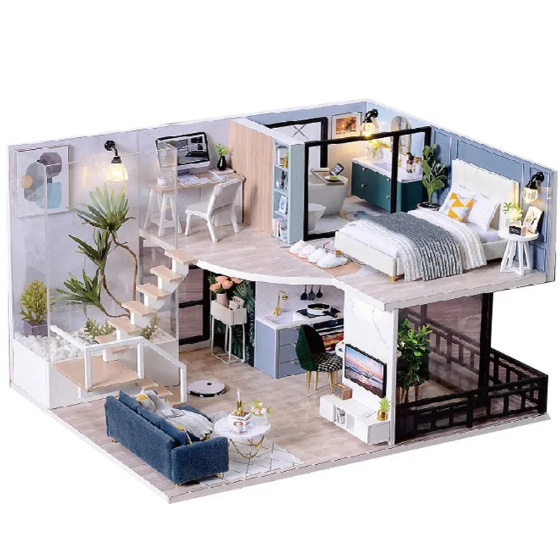 DIY Wooden DollHouse Kits Miniature with Furniture Light Moder Loft Roombox Assembled 3D Model for Children Adult Birthday Gifts 231220