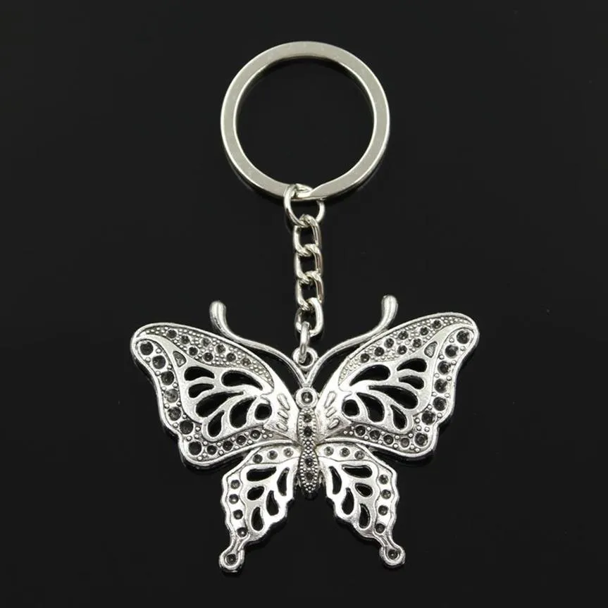 Llavero de Metal de 30mm de diámetro a la moda, llavero de joyería, mariposa hueca chapada en plata antigua, 60 48mm, colgante 178U