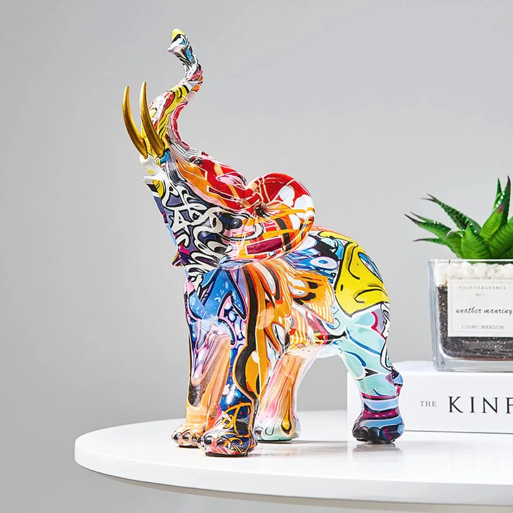 Graffiti Colorful Painting Elephant Sculpture Figurine Art Elephant Statue Creative Resin Crafts Home Porch Desktop Decor 231220