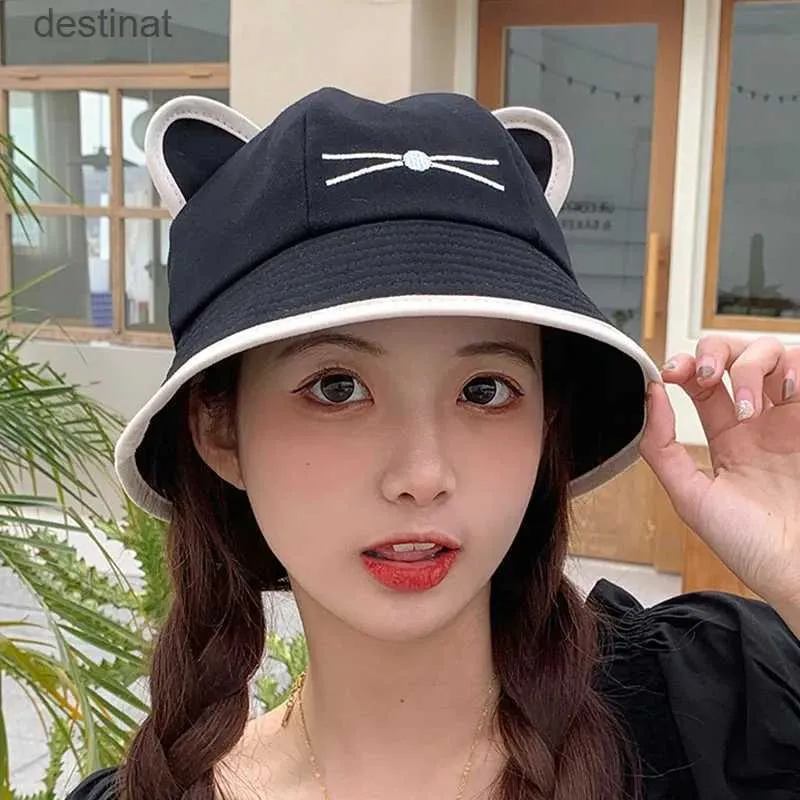 Wide Brim Hats Bucket Hats Korean Cartoon Cat Ears Women Girls Bucket Hat Spring Summer Kawaii Beach Tour Sun Visor Hats Wide Brim Solid Cotton Panama CapL231221