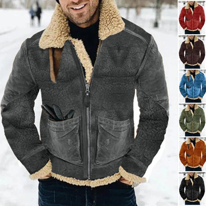 Streetwear päls integrerade män beläggning vadderad imitation lambwool lång läder sammetjacka stor storlek S-5xl herrkläder ytterkläder 231221