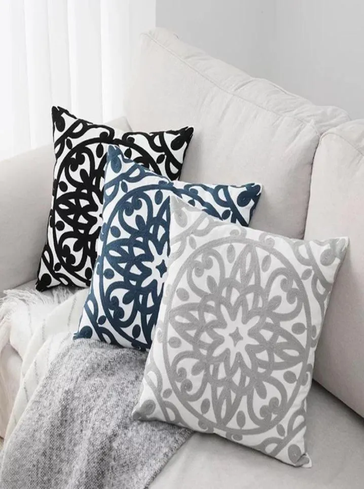 Caso de almofada bordada decorativa em casa Capa azul marinho cinza preto de lona floral Bordado de bordado de algodão 45x45cm