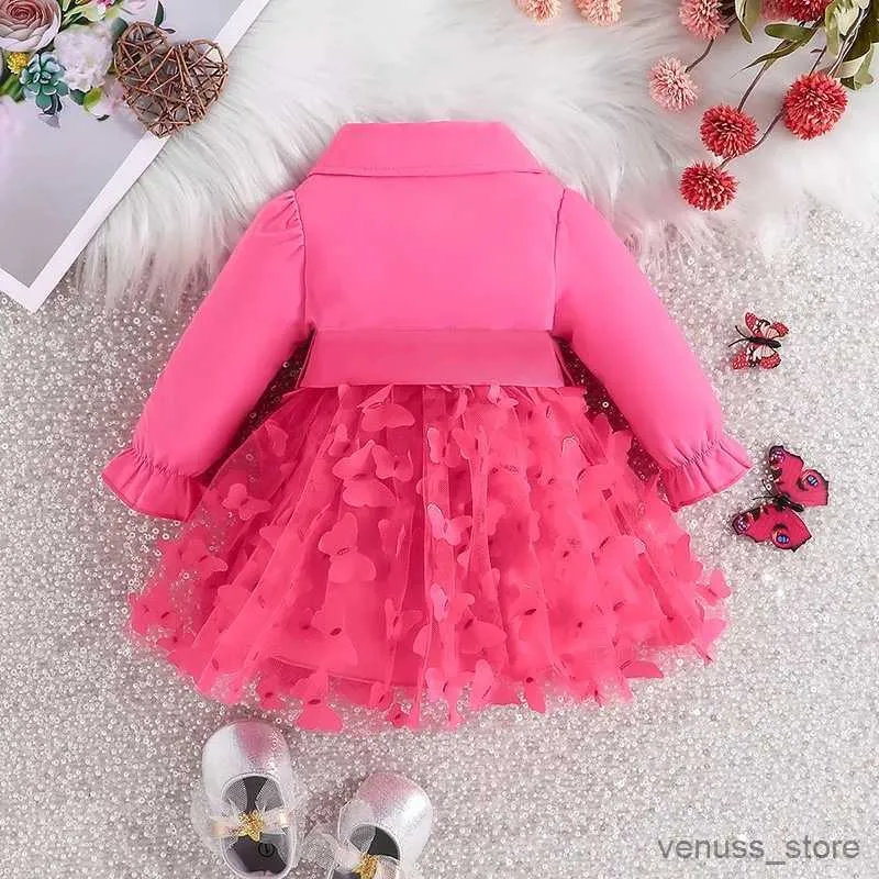 子供のための女の子のドレスドレス3〜24か月長袖のかわいい蝶の刺繍メッシュとベルトプリンセスボタンドレス