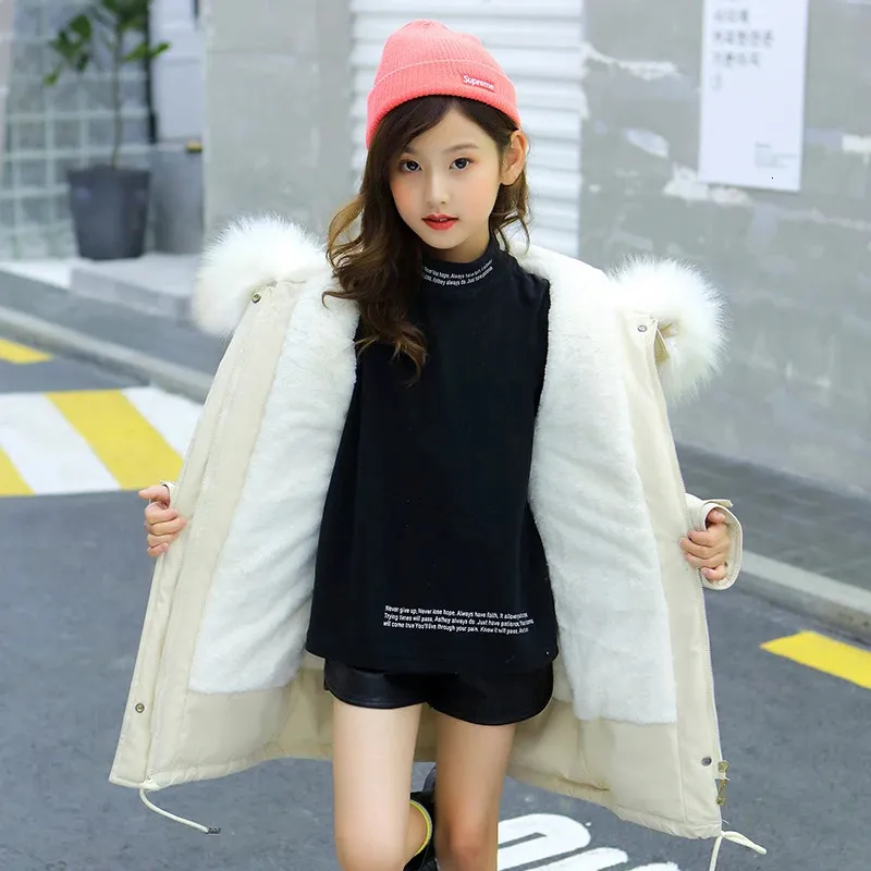 Hiver Children Girls Down Veste DrawString Fur Collier Sweat à capuche Long Parka épaisse plus Velvet Chaude adolescentes Girls Extérieur 231221