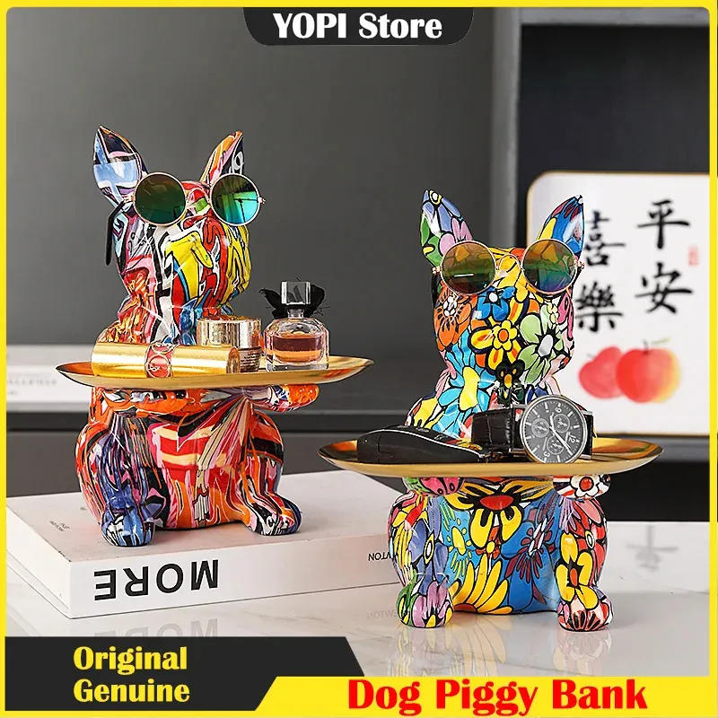 Bulldog Decor Decor estátua de cães Piggy Bank Resina Animal Escultura de Luxuja decoração de decoração artesanal Tabela de tabela Ornamentos 231221