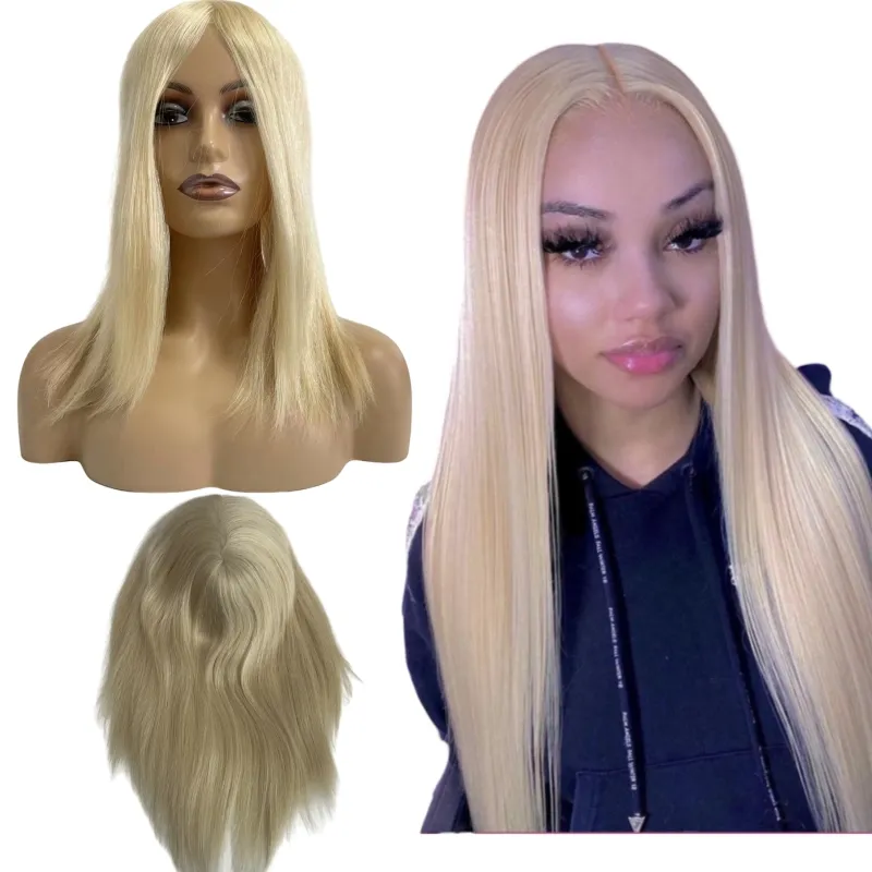 16 Inches European Virgin Human Hair Replacement Blonde Color 613# Toupee 120% Density 7x9 PU Topper for Black Woman