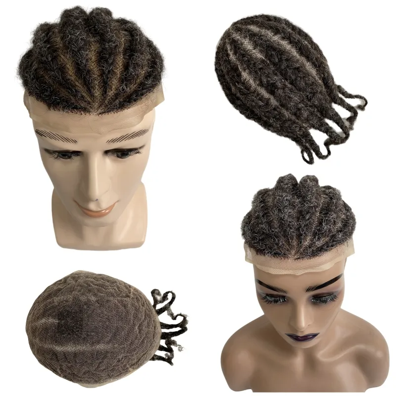 Sistemas de cabelo virgens da Virgem Malásia Raiz Afro Corn Braids #1b/cinza Toupe de renda cheia para Old Blackman