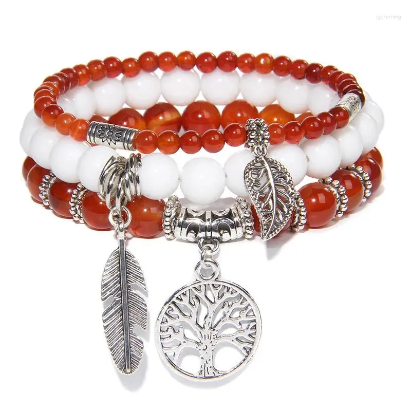 Strand 3Pcs/set Red Agates Beads Bracelet Tree Of Life Leaves Feather Pendant Charm Set For Women Men Natural Stone Bangles