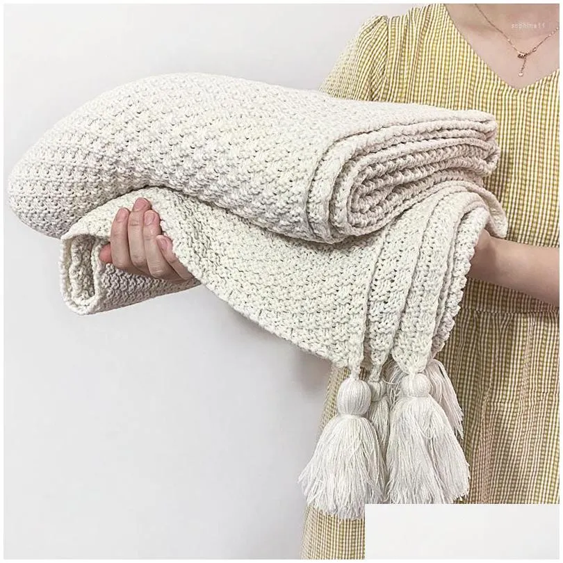 Blankets Blankets Ins Nordic Style Sofa Er Blanket Office Nap Tassel Knitted Ball Wool Casual Air Conditioning Drop Delivery Home Gard Dhn17