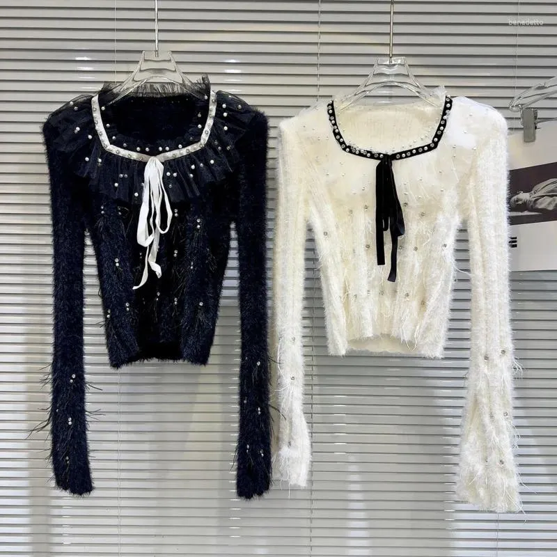 Les pulls féminins borvemays mohair tricot tricot lace dentelle perle perle carré cordon de crampon des femmes pull 2024 hiver wz7190