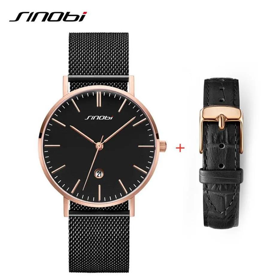 SINOBI MENS WATCHEN MALE BUSINESS Edelstahl -Netzbandkalender Quarz Armbanduhr Einfache analoge Männer beobachten Lederband Set330v