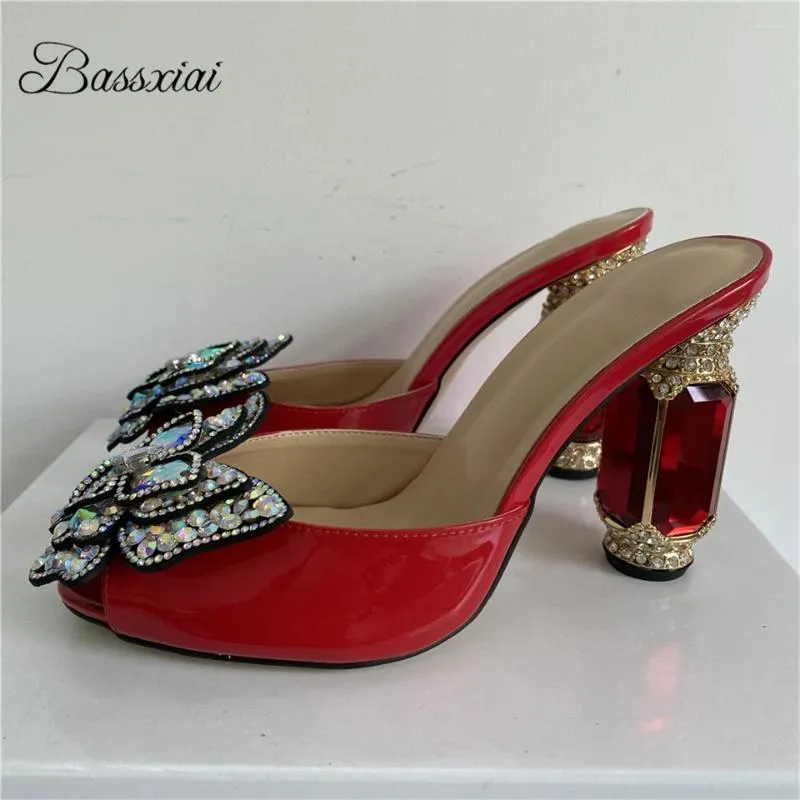 Sandals Bling Handmade Butterfly-flower Women Crystal Diamond High Heel Patent Leather Slingbacks Shoes Summer