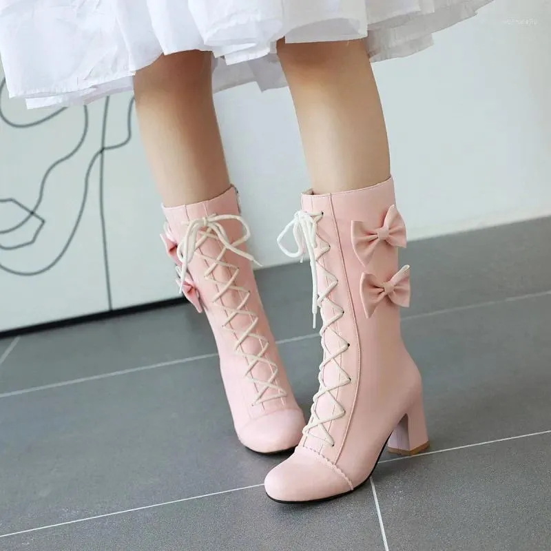 Boots Automne Winter Girls Fashion Princesse Lolita Mariage Party Chaussures Cross Tied Arc Blanc Rose Femmes Mid High Talon