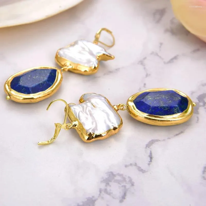 Dangle Earrings Cultured White Keshi Pearl Blue Lapis With Gold Plated Lever Back