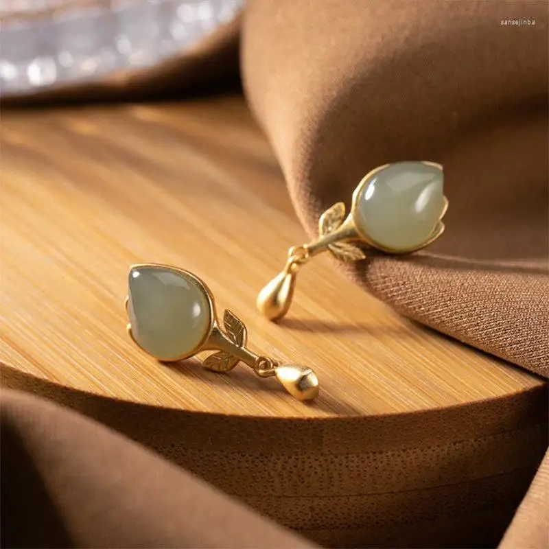 Dangle Earrings S925 Sterling Silver Inlaid Hetian Jade Tulip Women's Natural Golden Leaf Fashion Drop Stud