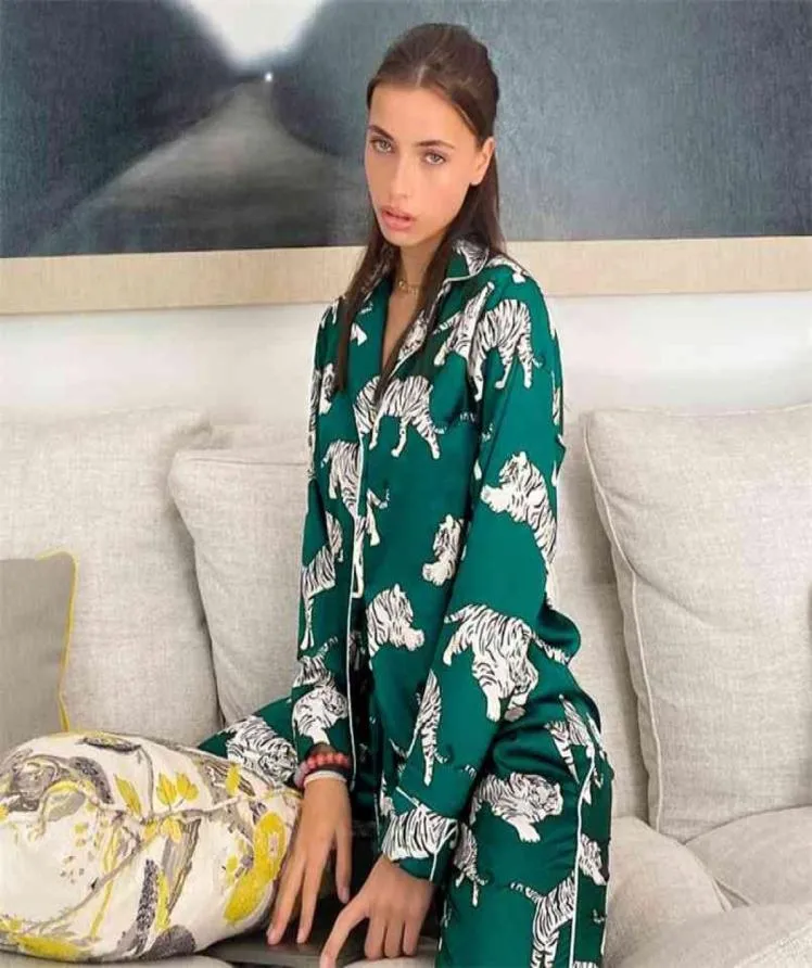 HiLoc Animal Print Pajama Feminino Summer Nightwear Trouser Suits Satin Set Woman 2 Pieces Long Sleeve Sleep Tops Nightie 210831103501999