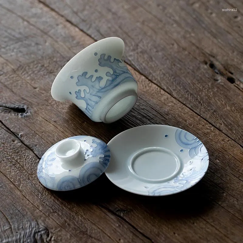 Teaware set ren handmålad hög snidvågor täcker skål tekopp keramisk te set infuser kinesisk hand med