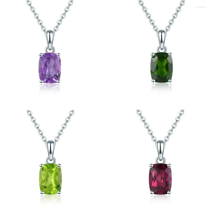 Hängen Boeycjr 925 Silver Long Cushion 6x8mm Natural Colorful Gemstone Garnet Amethyst Diopside Peridot Pendant Halsband för kvinnor