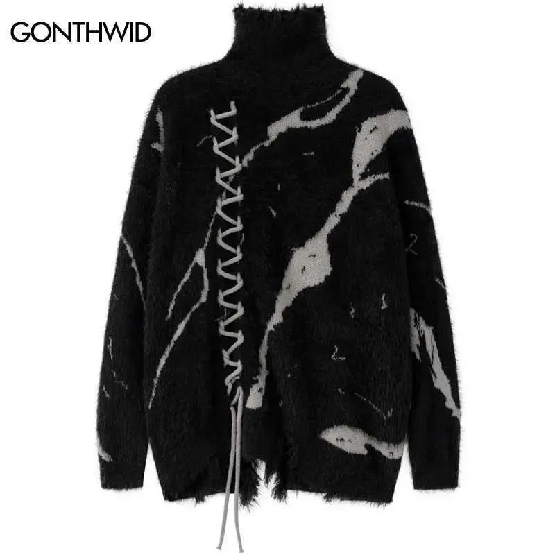 Men's Sweaters 2023 Men Turtleneck Sweater Streetwear Distressed Knitted Sweater Ripped Hole Hip Hop Retro Pullover Harajuku Sweater Soft Black J231220