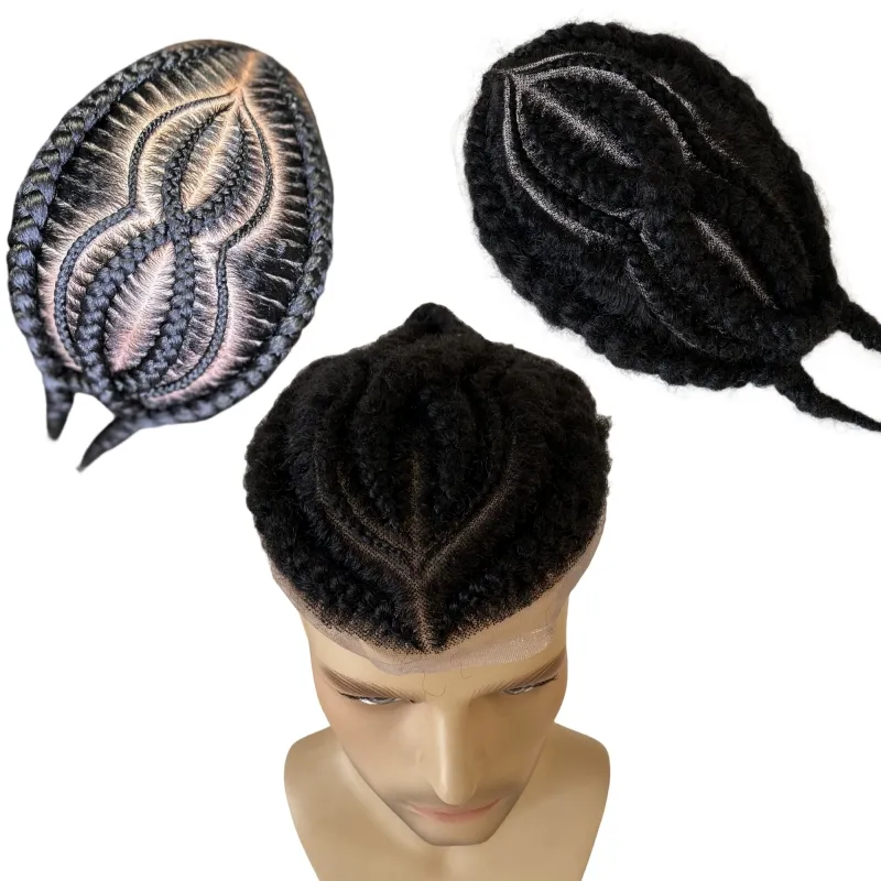Indian Virgin Human Hair Wymiana nr 1b Czarne korzenie Afro Kukurydza Braids 8x10 Pełna koronkowa toupee męska dla czarnego mężczyzny