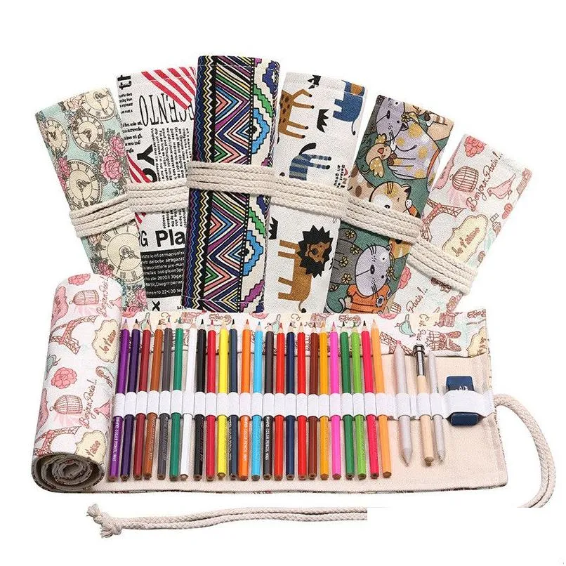 Pencil Bags Wholesale 12 Roll School Pencil Bag Canvas Pen Curtain Large Capacity Painter Student Drop Delivery Office School Business Dhy9F