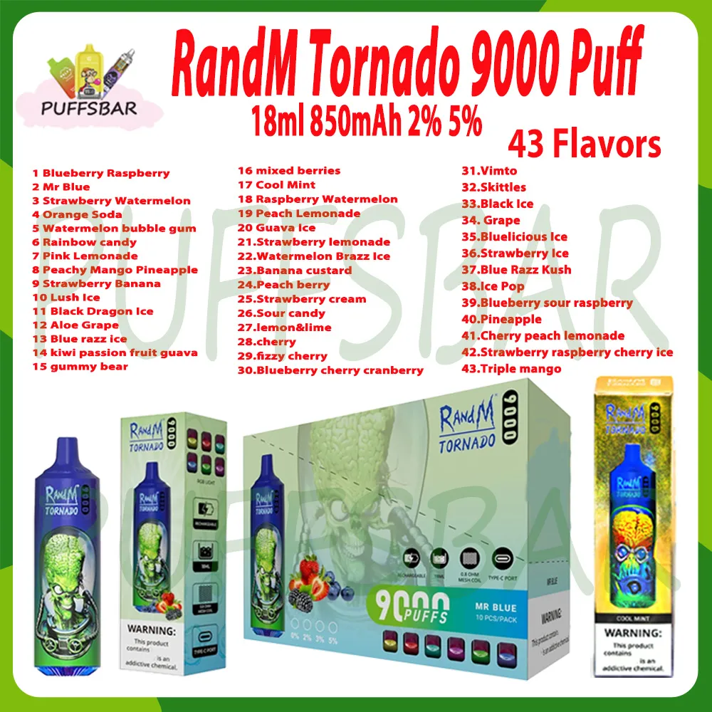 Randm Tornado Randm 9000 Puff Disponível Vape Pen Vape Pen43 Sabores 18ml Bobina de malha de 850mAh Bateria recarregável Cigarro eletrônico Pushs 9K