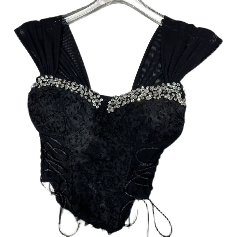 New sexy women's Diamond rhinestone Mesh Lace padded short vest Tank Top