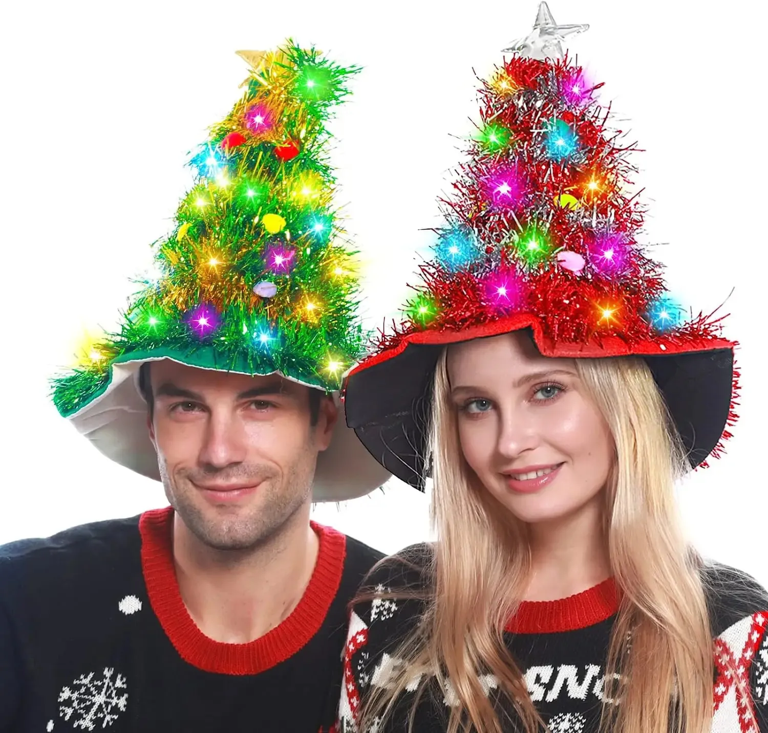 Adults Kids Blinking Glowing Christmas Tree Hats Santa Hat with Tinsel LED Colorful Lights Star Year Costume 231220