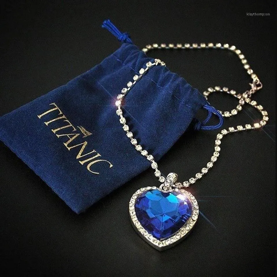Titanic coeur de l'océan colliers pour femmes bleu romantique pendentif collier avec sac en velours entier Drop1303n